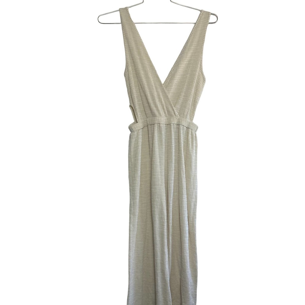 Caution to the Wind Yellow White Jumpsuit Size Medium Wide Leg Deep V